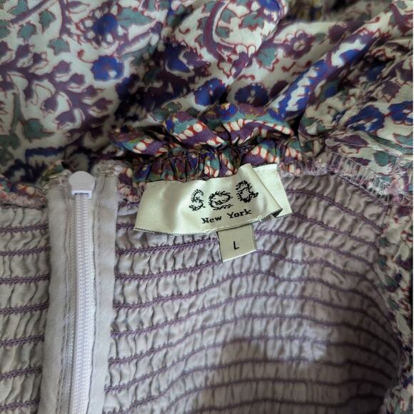 Sea Rosita Border Smocked Mini Dress Ruffled Purple Floral Size Large Preowned - Picture 11 of 12